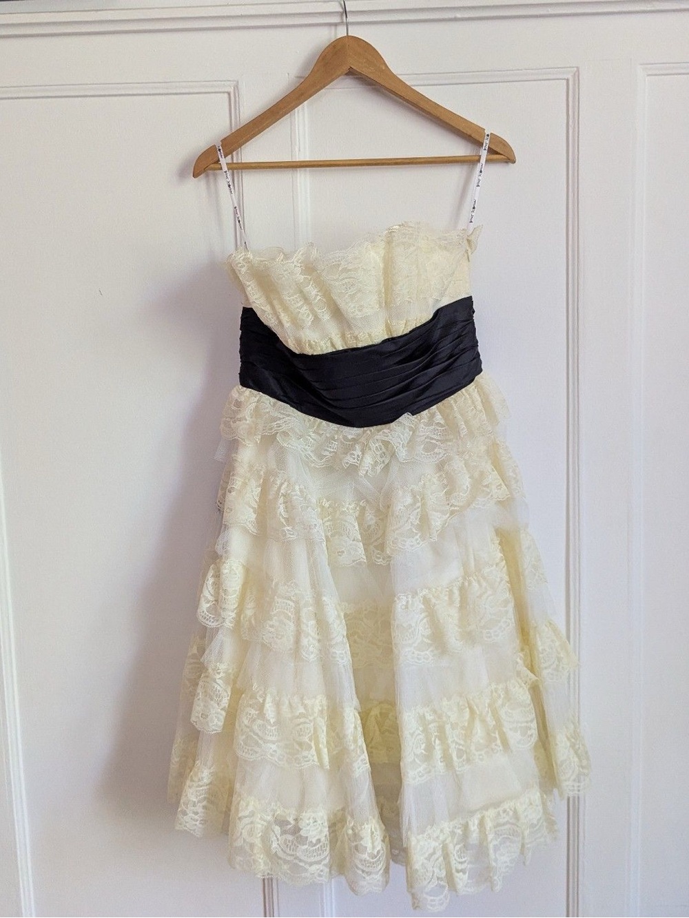 Betsey Johnson Ivory Lace Strapless Dress with Black Waistband